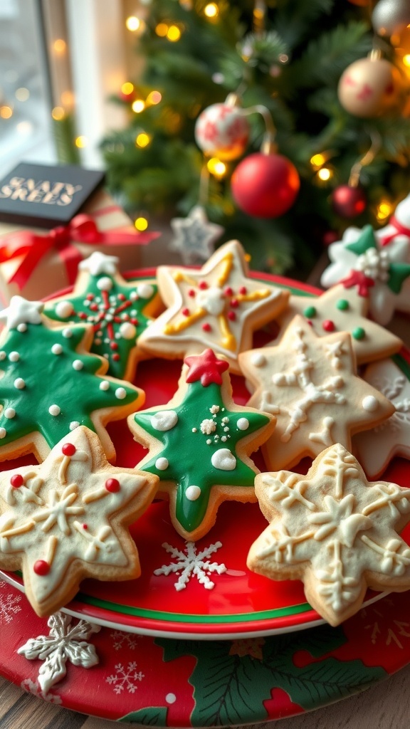 Decorated Christmas sugar cookies in festive shapes on a holiday plate.